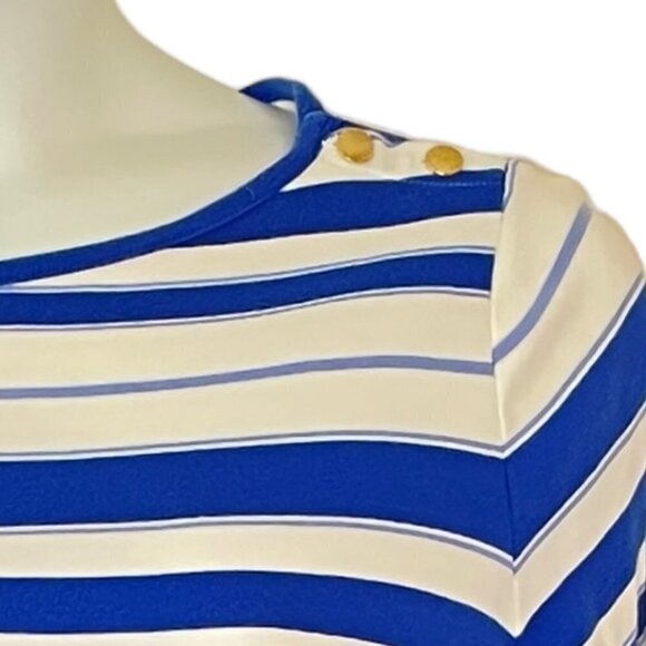 Lauren Ralph Lauren Sailor Tee has Boat Neck Gold Tone Buttons Blue White Stripe - Picture 4 of 10